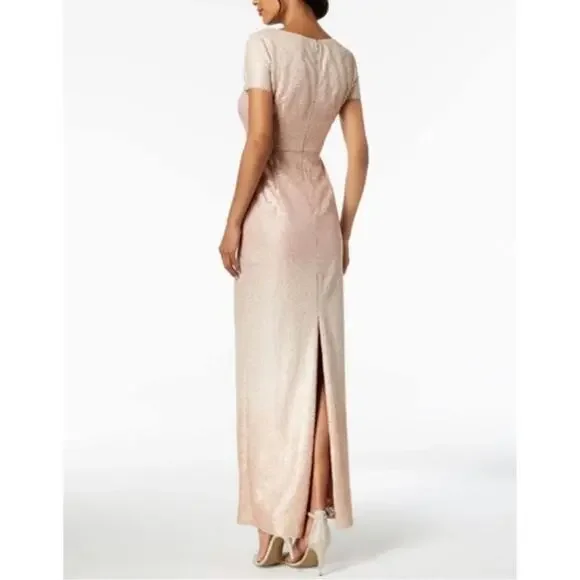 Adrianna Papell Ombre Sequin Gown Dress Blush Pink Short Sleeve V-Neck Size 2 - Picture 4 of 12